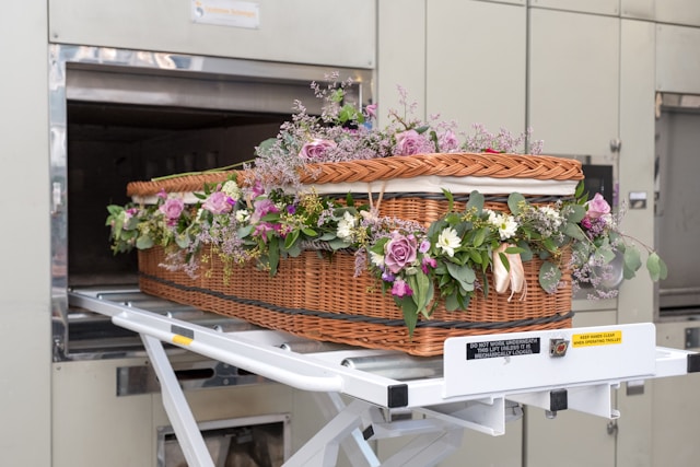 a wooden casket for cremation