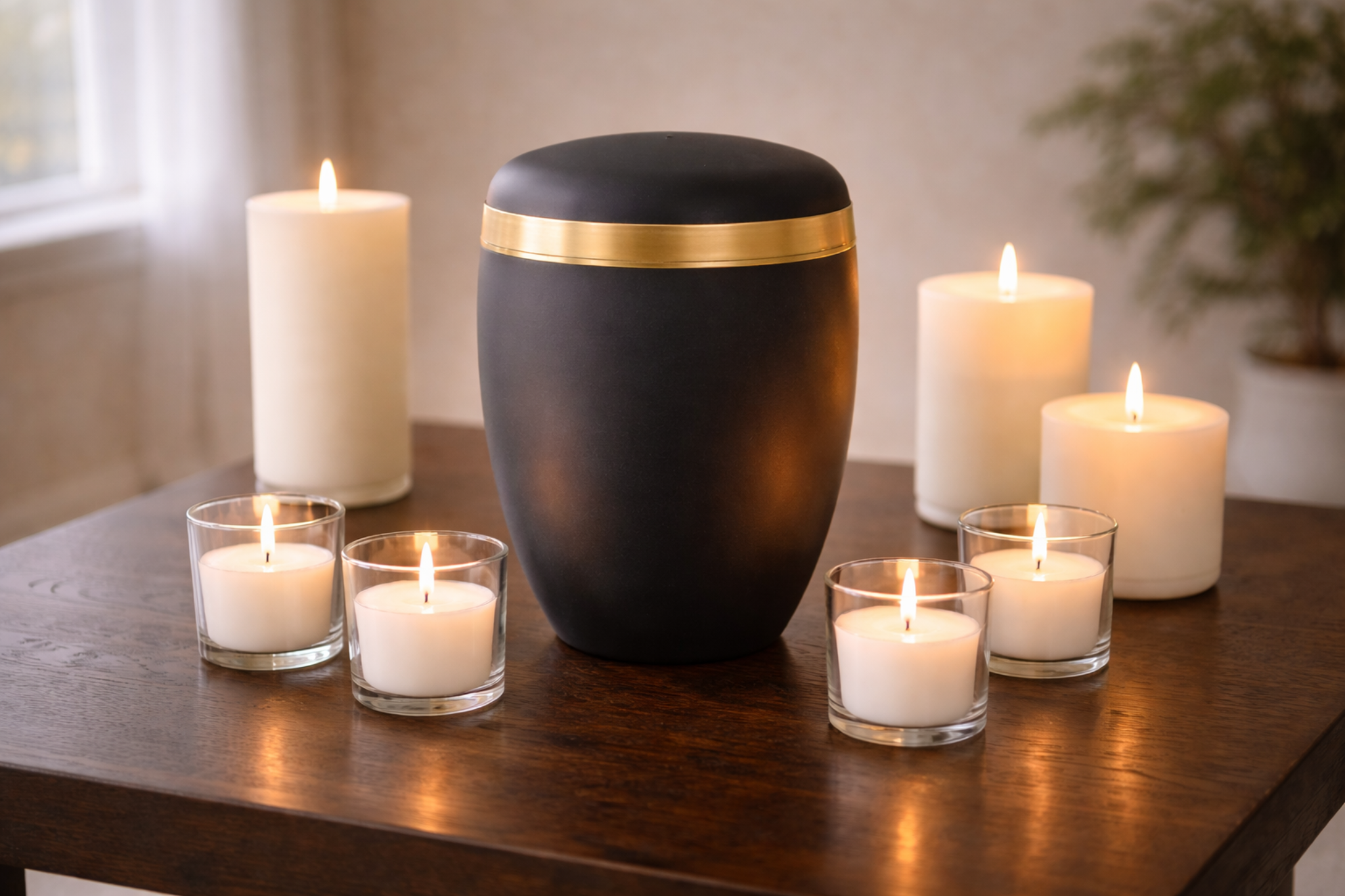 Black cremation urn with a gold accent surrounded by lit candles on a wooden table, conveying peaceful remembrance and respectful cremation services Seattle WA.