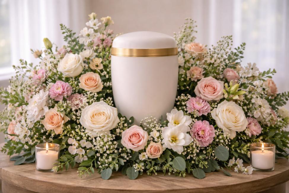 White cremation urn surrounded by a soft floral arrangement of roses and greenery with candles, symbolizing remembrance and dignified cremation services Seattle WA.