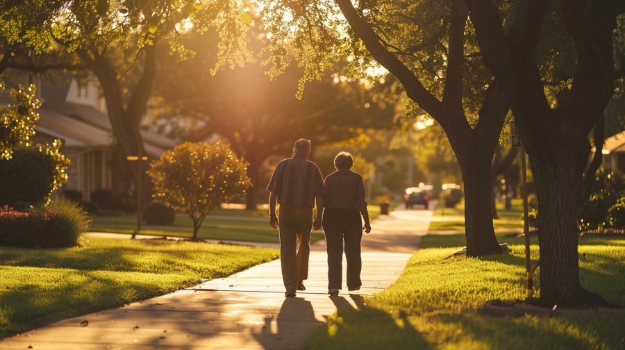 Elderly couple walking together at sunset along a tree-lined neighborhood path, symbolizing peace and care from cremation services Vancouver, WA.