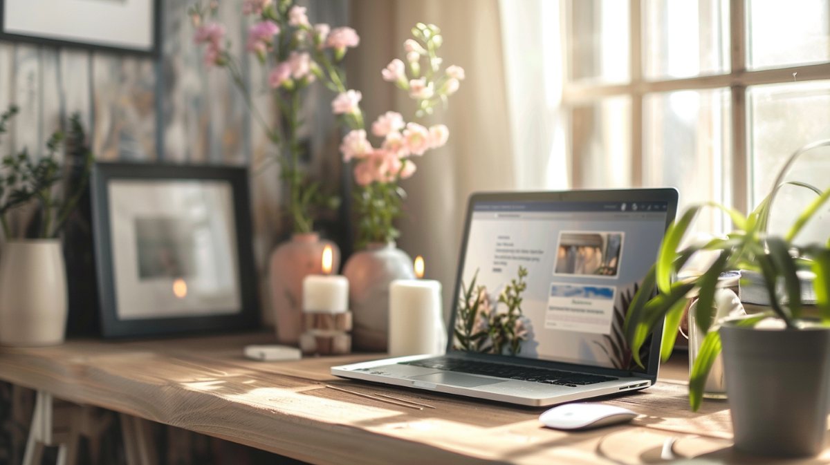 Peaceful memorial setting with flowers, candles, and laptop displaying information about cremation services Vancouver, WA.