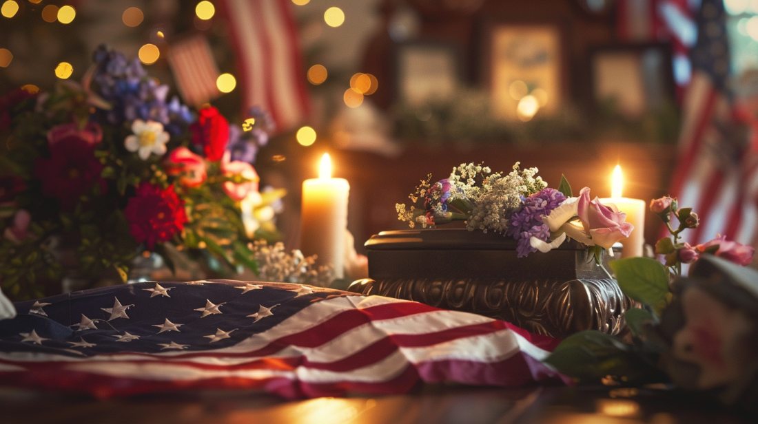 Patriotic memorial display with American flag, candles, and flowers honoring veterans through cremation services Vancouver, WA.